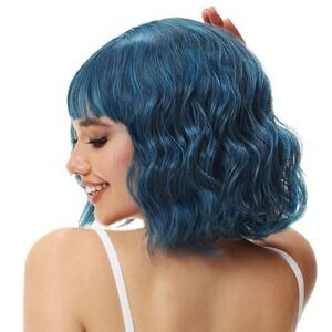 Blue Wavy Bob Wig with‎ Bangs Short Synthetic Hair Cosplay Party Fashion Wig